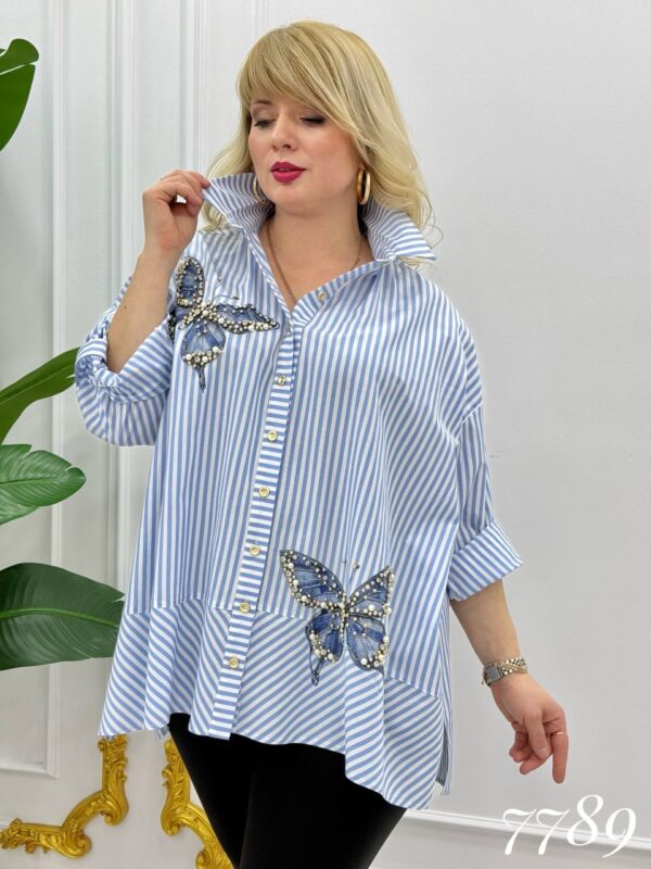 Striped Butterfly Applique Embellished Oversized Shirt