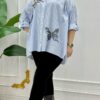 Striped Butterfly Applique Embellished Oversized Shirt