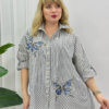 Striped Butterfly Applique Embellished Oversized Shirt