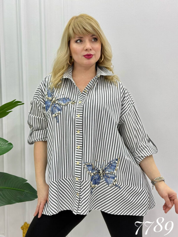 Striped Butterfly Applique Embellished Oversized Shirt