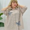 Striped Butterfly Applique Embellished Oversized Shirt