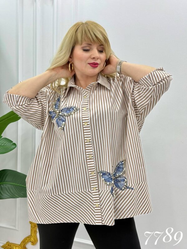 Striped Butterfly Applique Embellished Oversized Shirt