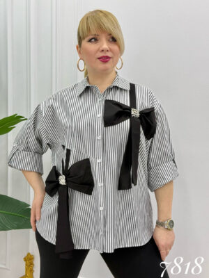 Elegant Striped Button-Down Shirt with Embellished Bows