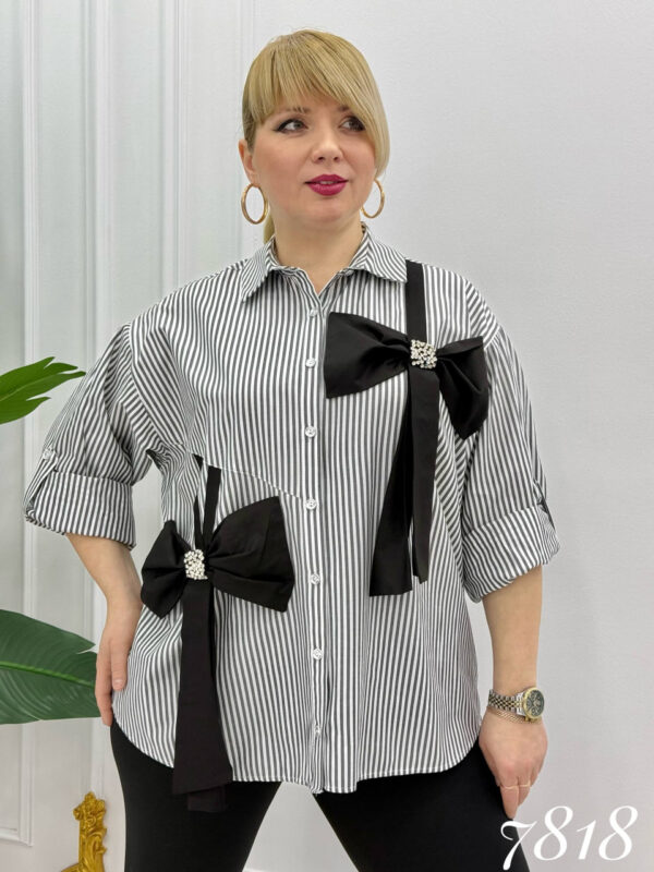 Elegant Striped Button-Down Shirt with Embellished Bows