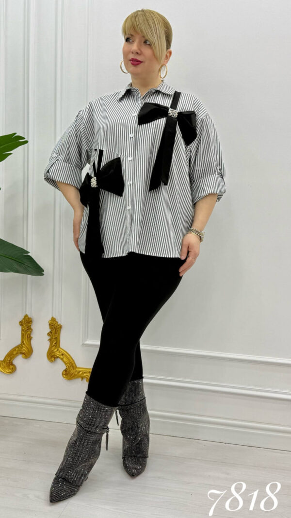 Elegant Striped Button-Down Shirt with Embellished Bows