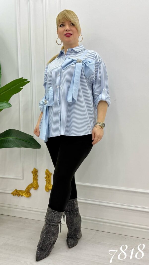 Elegant Striped Button-Down Shirt with Embellished Bows