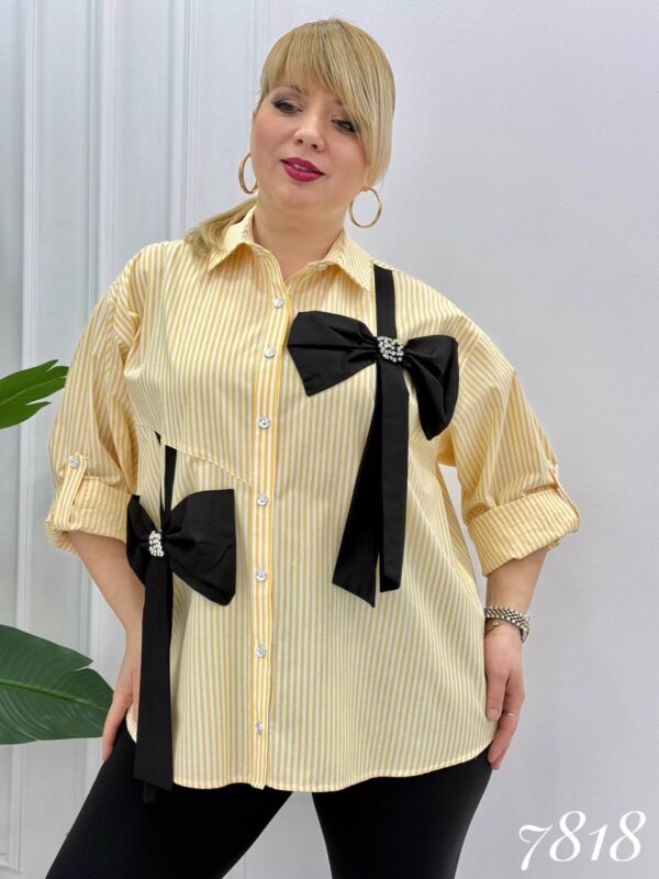 Elegant Striped Button-Down Shirt with Embellished Bows