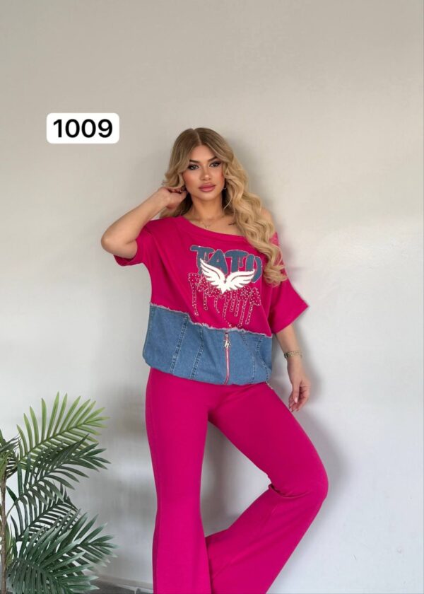 Chic Denim-Patch Graphic Tee and Flare Pants Set