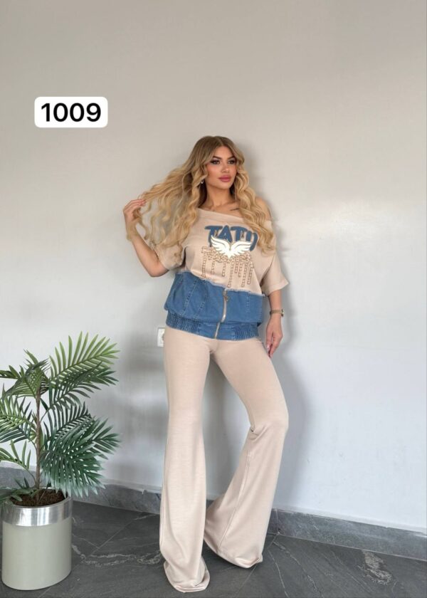 Chic Denim-Patch Graphic Tee and Flare Pants Set