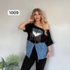 Chic Denim-Patch Graphic Tee and Flare Pants Set