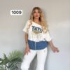 Chic Denim-Patch Graphic Tee and Flare Pants Set