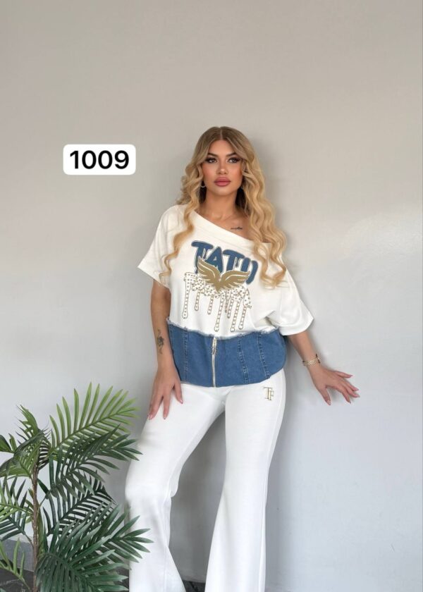 Chic Denim-Patch Graphic Tee and Flare Pants Set