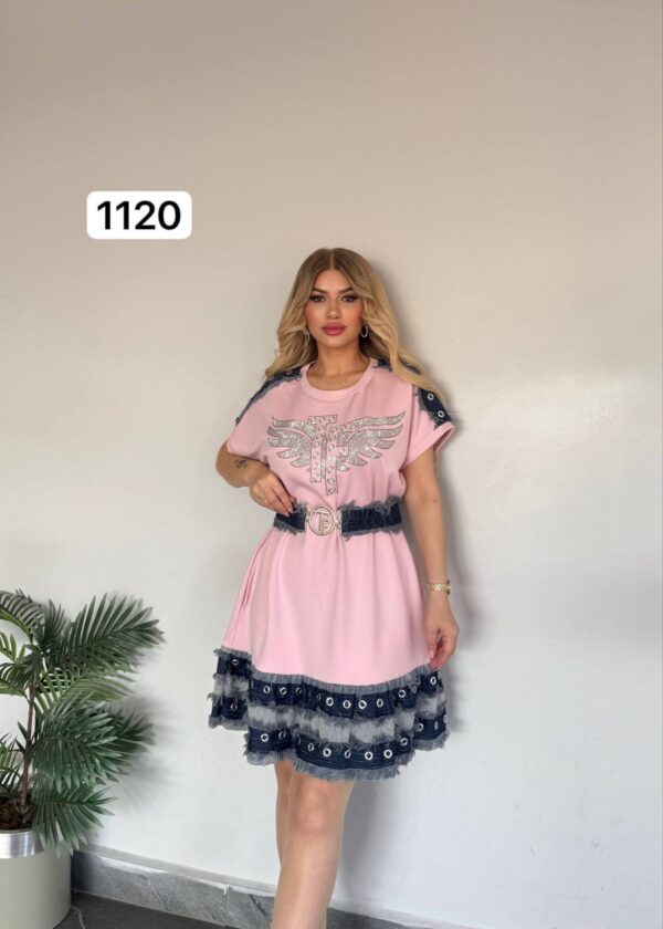 Embellished Wing Graphic Mini Dress with Denim Trim