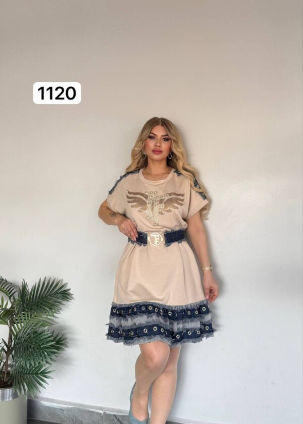 Embellished Wing Graphic Mini Dress with Denim Trim