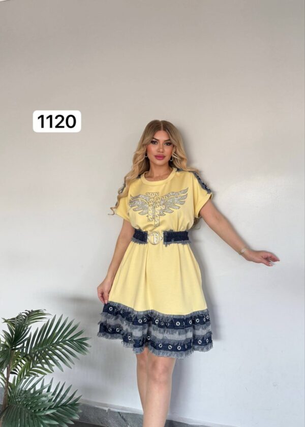 Embellished Wing Graphic Mini Dress with Denim Trim