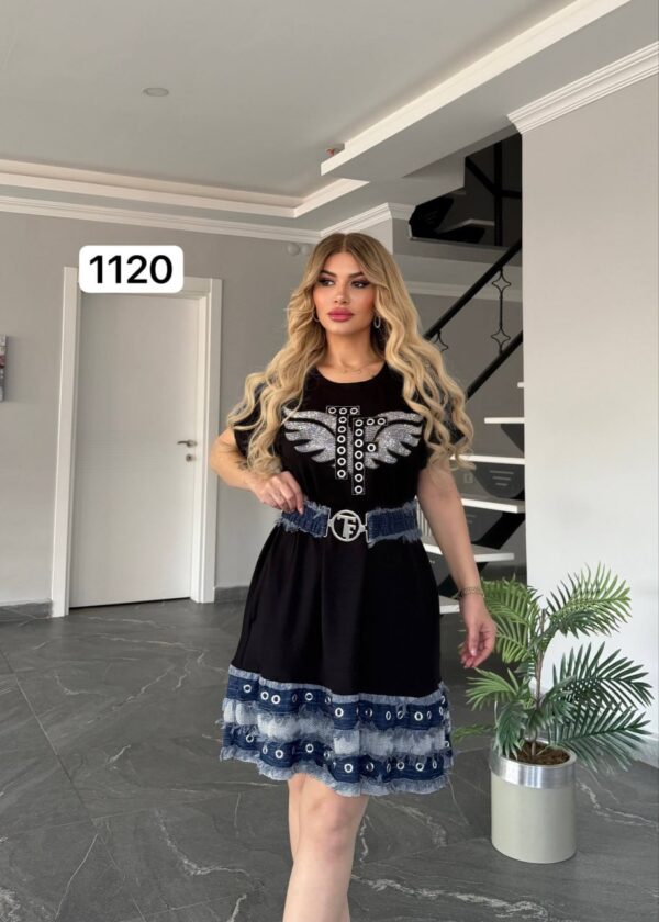 Embellished Wing Graphic Mini Dress with Denim Trim