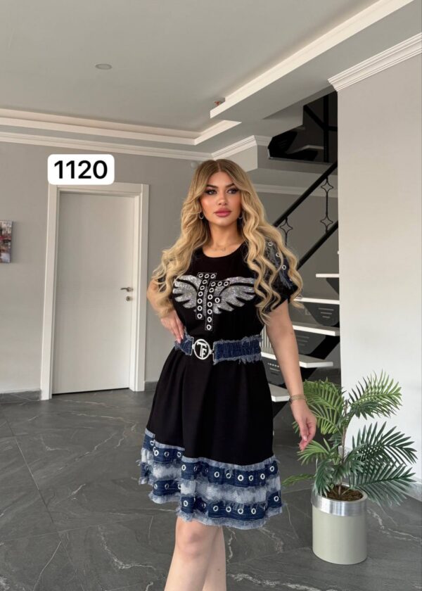 Embellished Wing Graphic Mini Dress with Denim Trim