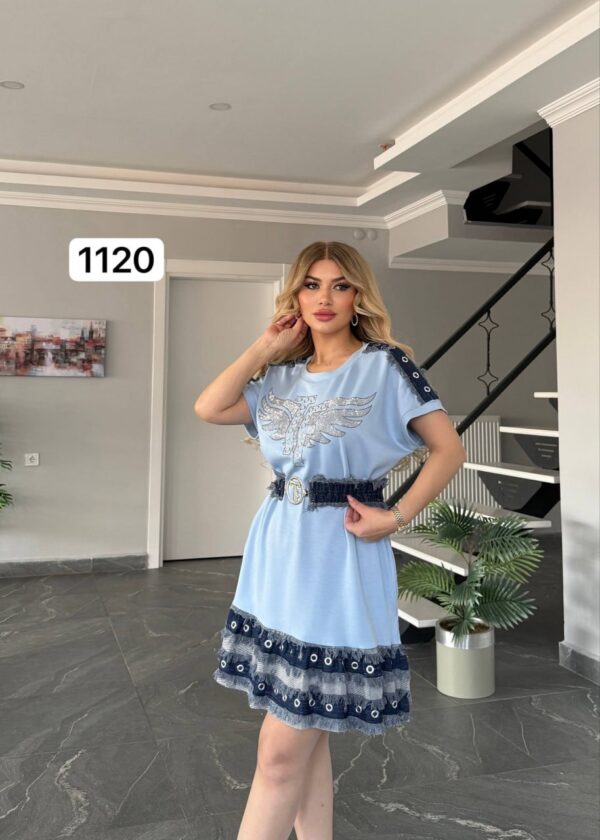 Embellished Wing Graphic Mini Dress with Denim Trim