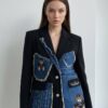 Women's Denim Patchwork Blazer with Bear Appliqué