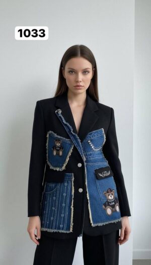 Women's Denim Patchwork Blazer with Bear Appliqué