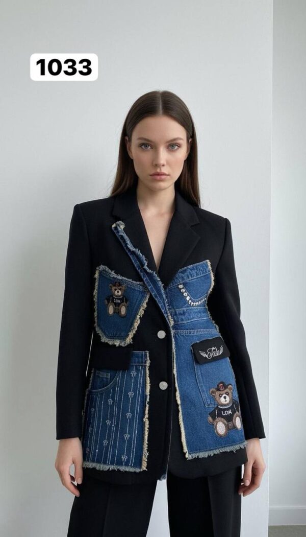 Women's Denim Patchwork Blazer with Bear Appliqué