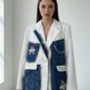 Women's Denim Patchwork Blazer with Bear Appliqué