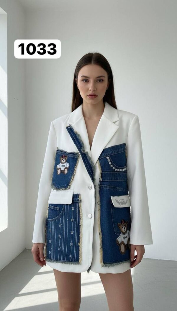 Women's Denim Patchwork Blazer with Bear Appliqué