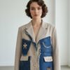 Women's Denim Patchwork Blazer with Bear Appliqué