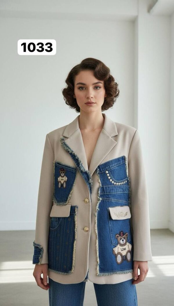 Women's Denim Patchwork Blazer with Bear Appliqué