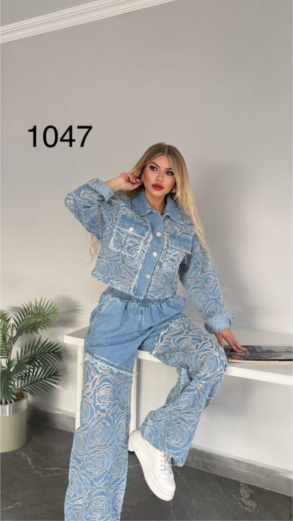 Women's Floral Embroidered Denim Two-Piece Jacket Set
