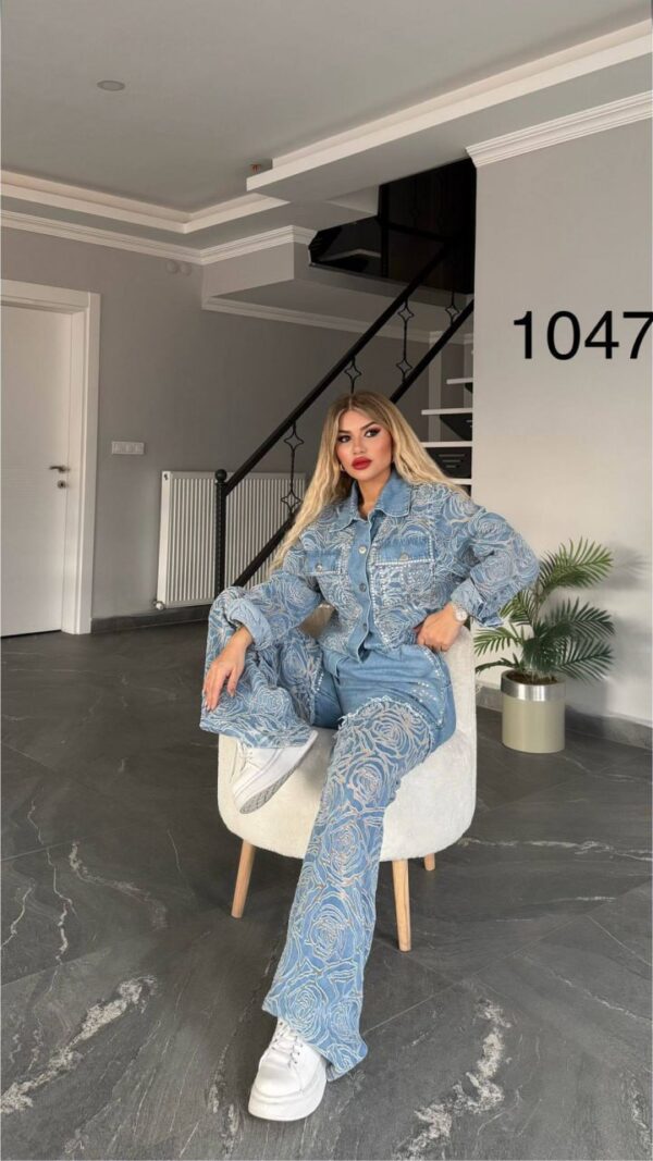 Women's Floral Embroidered Denim Two-Piece Jacket Set