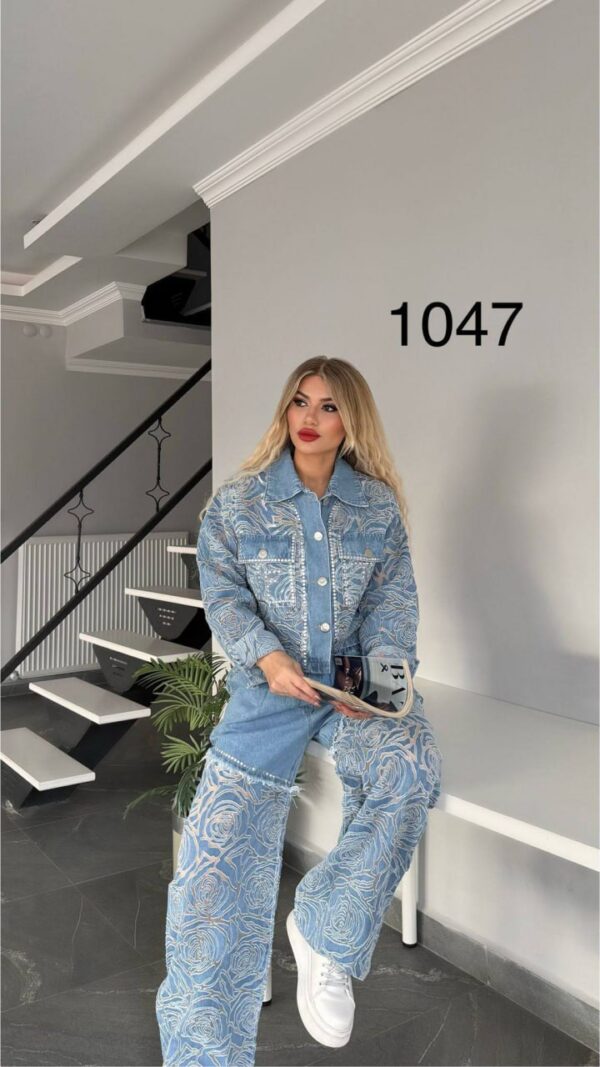 Women's Floral Embroidered Denim Two-Piece Jacket Set