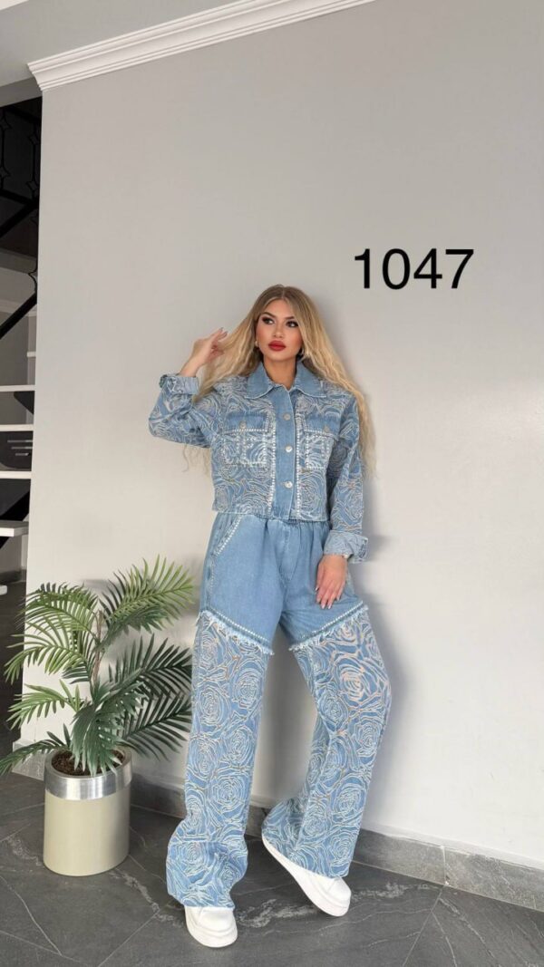 Women's Floral Embroidered Denim Two-Piece Jacket Set