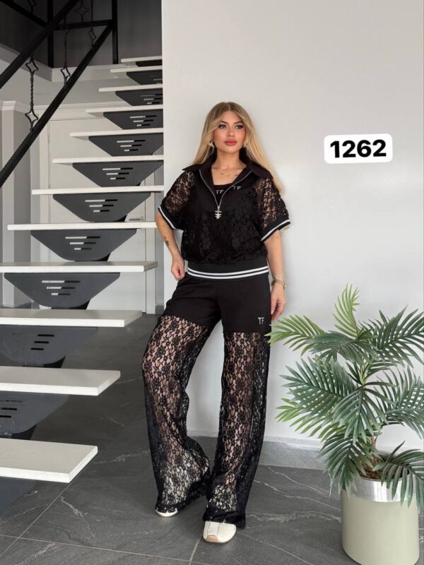 Women's Elegant Lace Two-Piece Polo and Pants Set