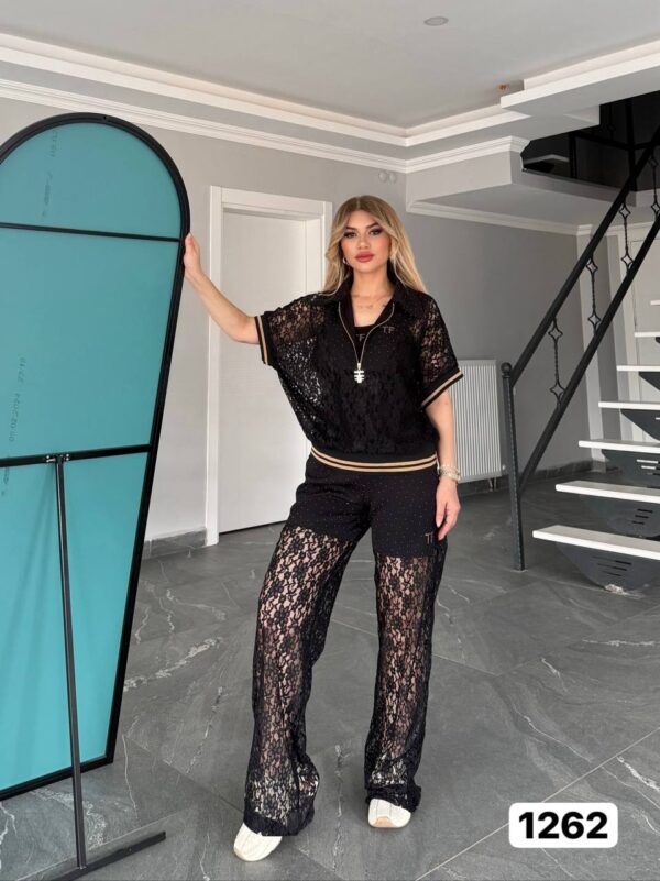 Women's Elegant Lace Two-Piece Polo and Pants Set