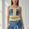 Women's Denim Patchwork Two-Piece Set Crop Top Joggers