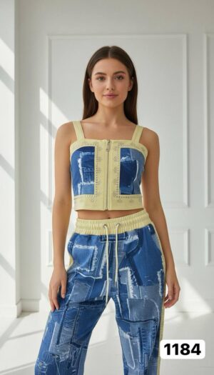 Women's Denim Patchwork Two-Piece Set Crop Top Joggers