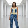 Women's Denim Patchwork Two-Piece Set Crop Top Joggers