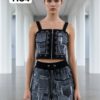 Women's Denim Patchwork Two-Piece Set Crop Top Joggers