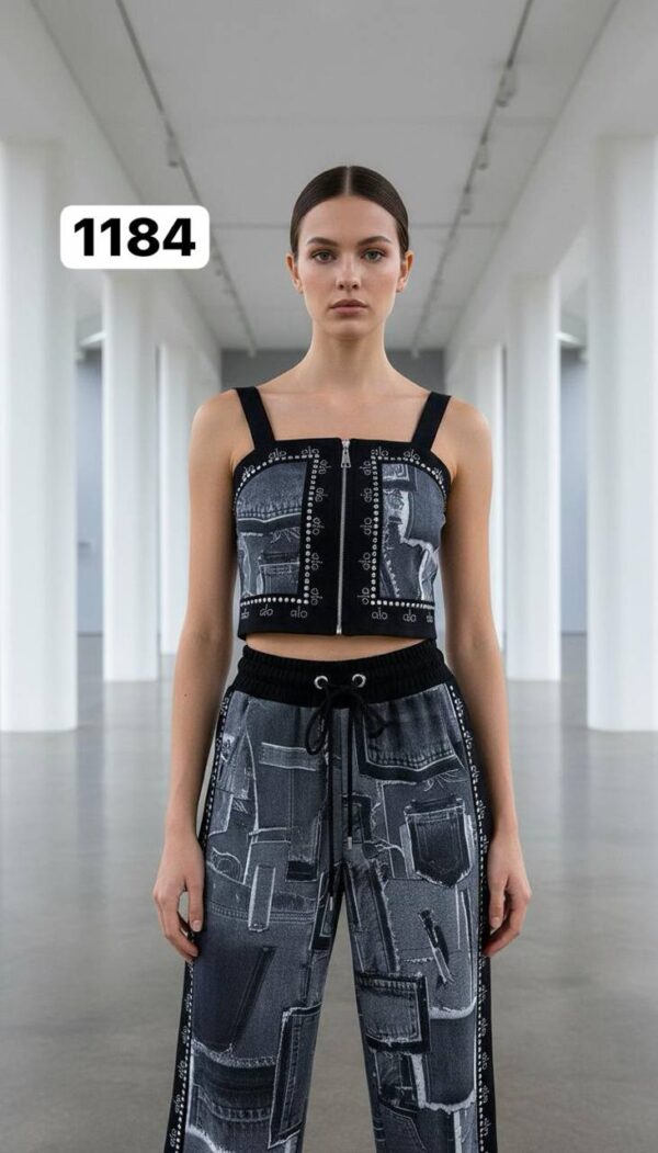 Women's Denim Patchwork Two-Piece Set Crop Top Joggers