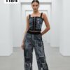 Women's Denim Patchwork Two-Piece Set Crop Top Joggers