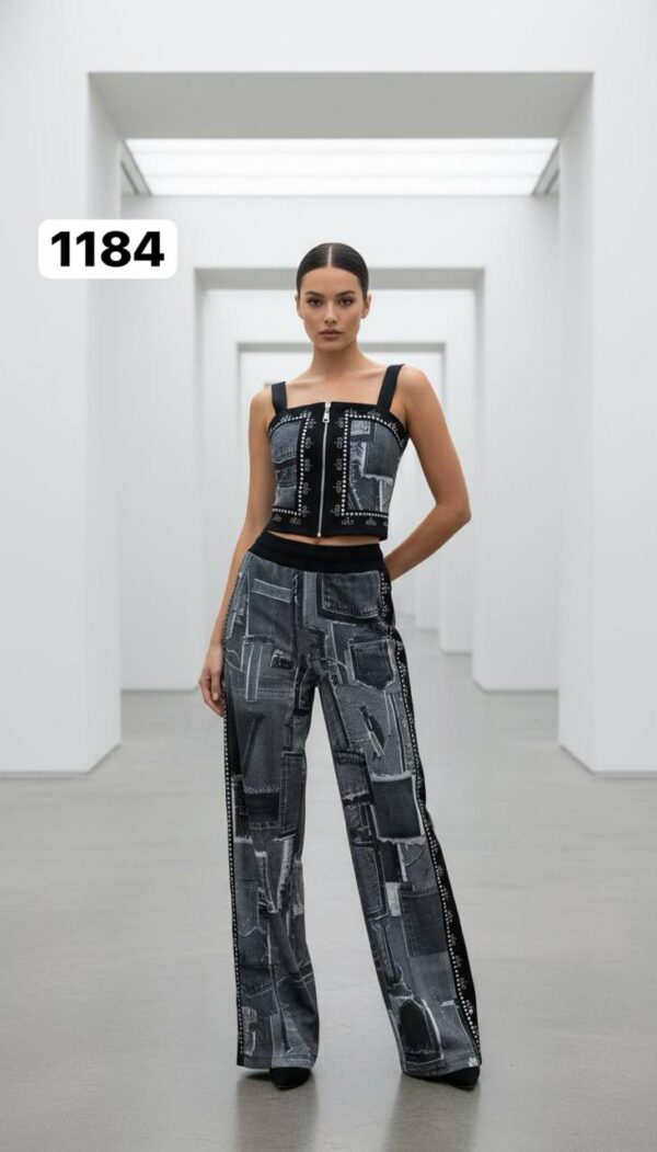 Women's Denim Patchwork Two-Piece Set Crop Top Joggers