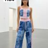 Women's Denim Patchwork Two-Piece Set Crop Top Joggers