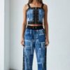 Women's Denim Patchwork Two-Piece Set Crop Top Joggers