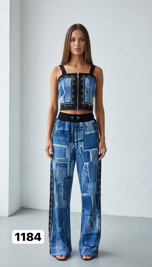 Women's Denim Patchwork Two-Piece Set Crop Top Joggers