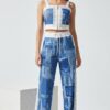 Women's Denim Patchwork Two-Piece Set Crop Top Joggers