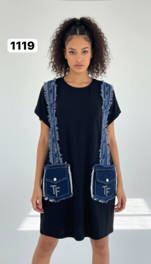 Women's Black Denim Accented Tunic Dress