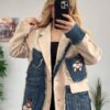 Women's Denim Patchwork Blazer with Bear Appliqué