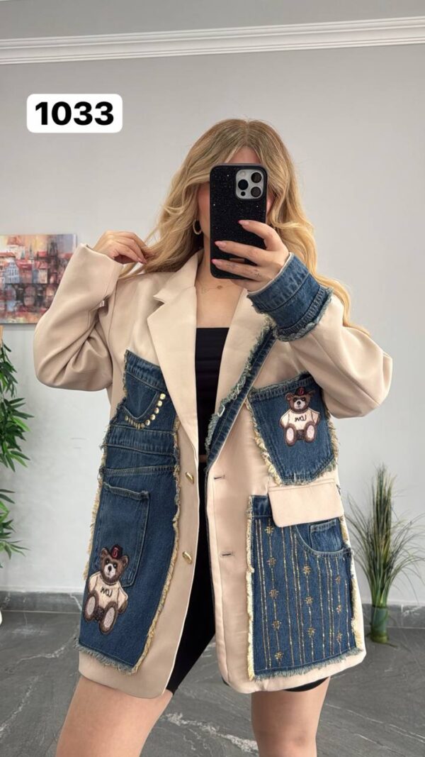 Women's Denim Patchwork Blazer with Bear Appliqué