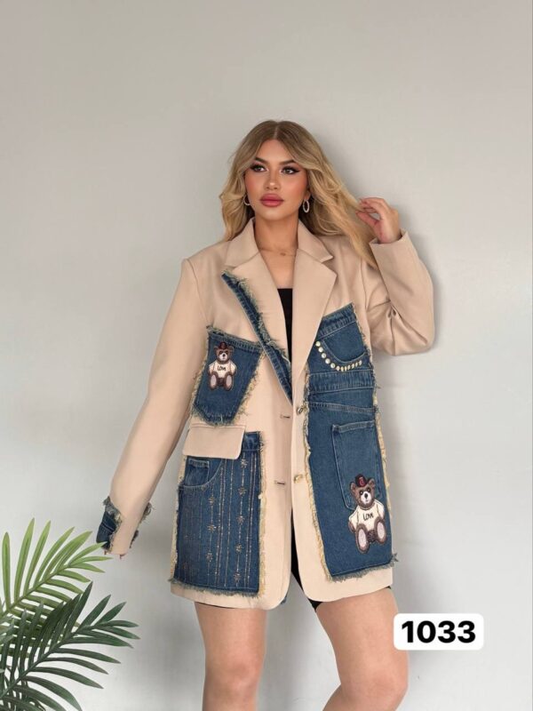 Women's Denim Patchwork Blazer with Bear Appliqué